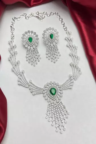 Emerald Green Crystal Bridal Jewelry Set, Silver Wedding Necklace and Chandelier Earrings, CZ Indian Bridal Set