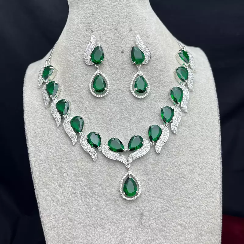 Emerald Green Pear Cut Bridal Jewelry Set, Silver Wedding Necklace Earrings, Marquise Leaf Prom