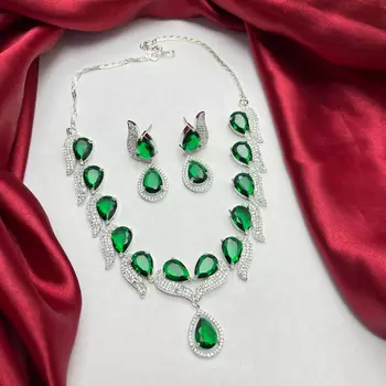 Emerald Green Pear Cut Bridal Jewelry Set, Silver Wedding Necklace Earrings, Marquise Leaf Prom 3