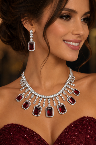 Royal Ruby Red Emerald Cut Bridal Jewelry Set, Silver Choker Statement Necklace