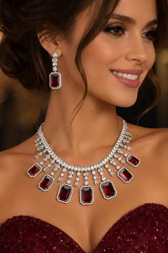 Royal Ruby Red Emerald Cut Bridal Jewelry Set, Silver Choker Statement Necklace