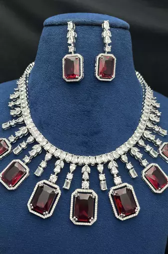 Royal Ruby Red Emerald Cut Bridal Jewelry Set, Silver Choker Statement Necklace