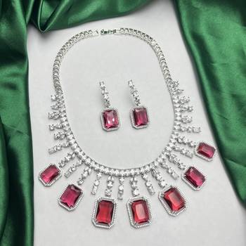 Royal Ruby Red Emerald Cut Bridal Jewelry Set, Silver Choker Statement Necklace 3