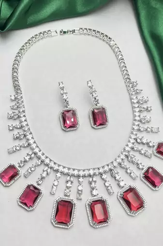 Royal Ruby Red Emerald Cut Bridal Jewelry Set, Silver Choker Statement Necklace