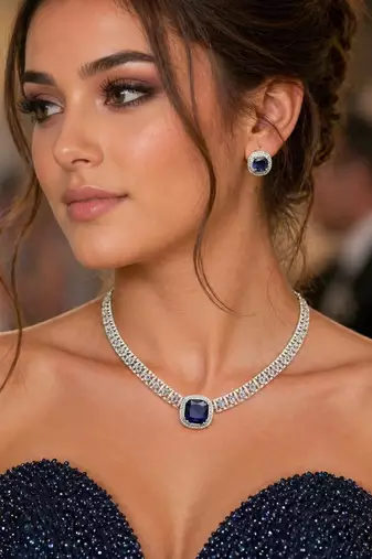Royal Blue Cushion Cut Sapphire Necklace Earrings Set, Silver Art Deco Bridal Jewelry