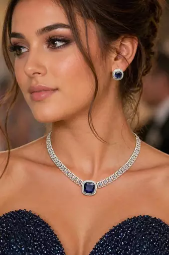 Royal Blue Cushion Cut Sapphire Necklace Earrings Set, Silver Art Deco Bridal Jewelry