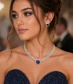 Royal Blue Cushion Cut Sapphire Necklace Earrings Set, Silver Art Deco Bridal Jewelry