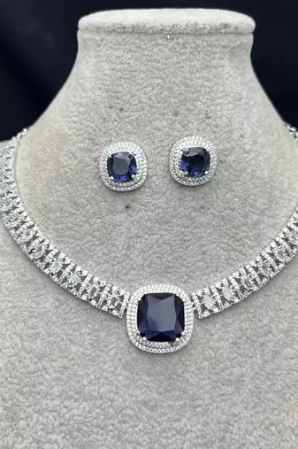 Royal Blue Cushion Cut Sapphire Necklace Earrings Set, Silver Art Deco Bridal Jewelry