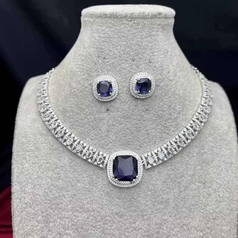 Royal Blue Cushion Cut Sapphire Necklace Earrings Set, Silver Art Deco Bridal Jewelry
