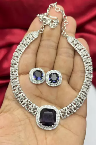 Royal Blue Cushion Cut Sapphire Necklace Earrings Set, Silver Art Deco Bridal Jewelry