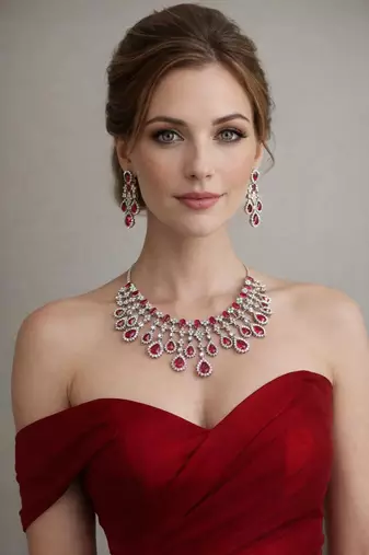 Bridal Ruby Red Necklace and Earring Set | CZ Diamond Choker