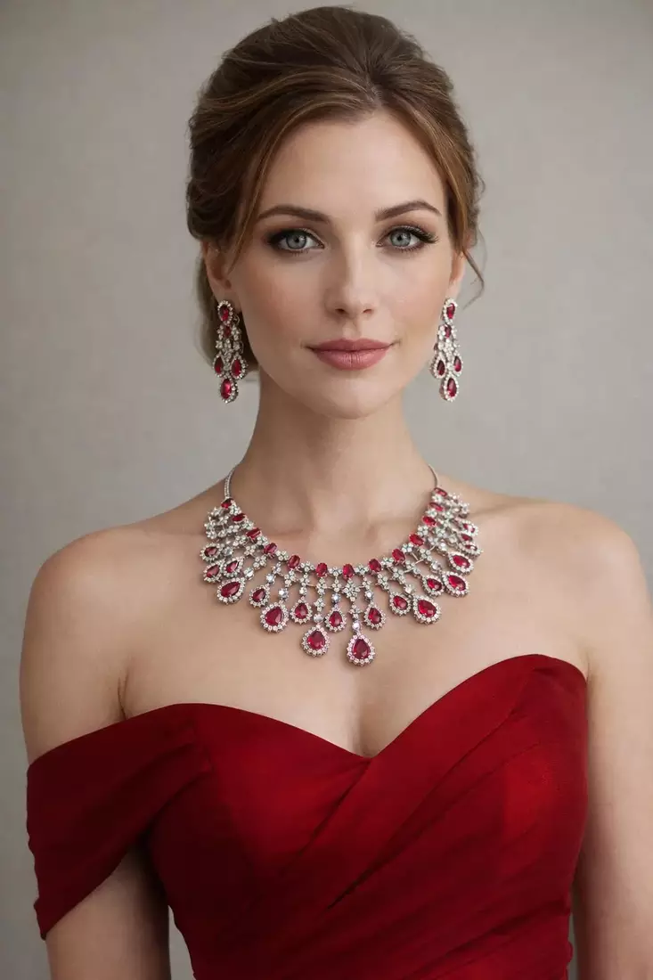 Bridal Ruby Red Necklace and Earring Set | CZ Diamond Choker