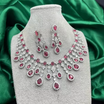 Bridal Ruby Red Necklace and Earring Set | CZ Diamond Choker 2