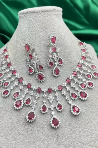 Bridal Ruby Red Necklace and Earring Set | CZ Diamond Choker