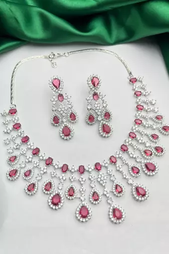 Bridal Ruby Red Necklace and Earring Set | CZ Diamond Choker
