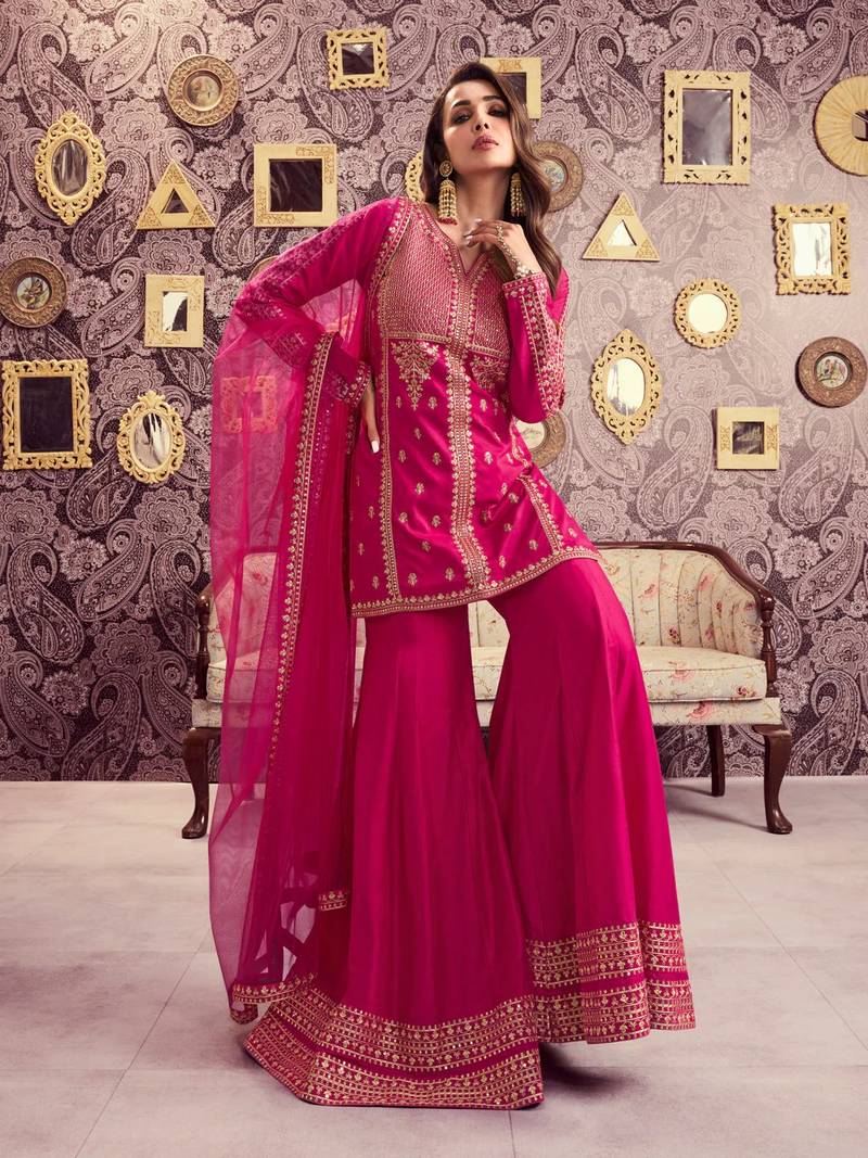 Women's Beautiful Embroidery Work Chanderi Silk Fabric Straight Kurta Palazzo and Dupatta Set