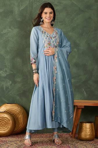 Women's Beautiful Embroidery Work Silk Fabric Flared Kurta Pant and Dupatta Set