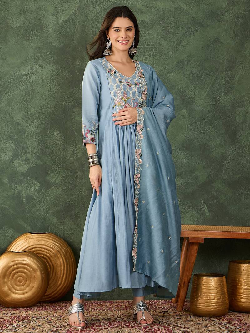 Women's Beautiful Embroidery Work Silk Fabric Flared Kurta Pant and Dupatta Set
