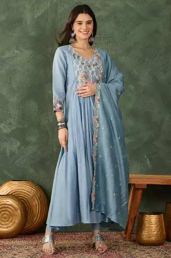 Women's Beautiful Embroidery Work Silk Fabric Flared Kurta Pant and Dupatta Set