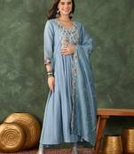 Women's Beautiful Embroidery Work Silk Fabric Flared Kurta Pant and Dupatta Set