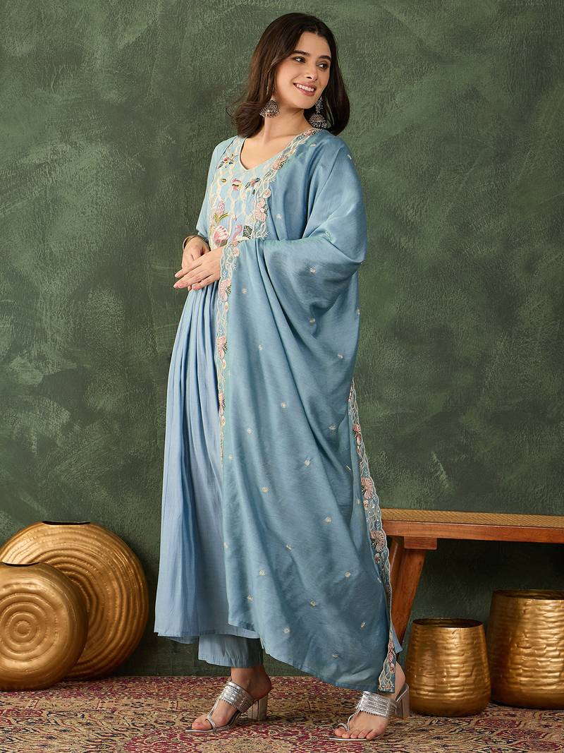 Women's Beautiful Embroidery Work Silk Fabric Flared Kurta Pant and Dupatta Set