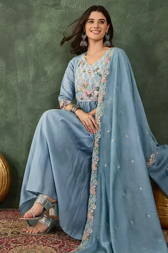 Women's Beautiful Embroidery Work Silk Fabric Flared Kurta Pant and Dupatta Set