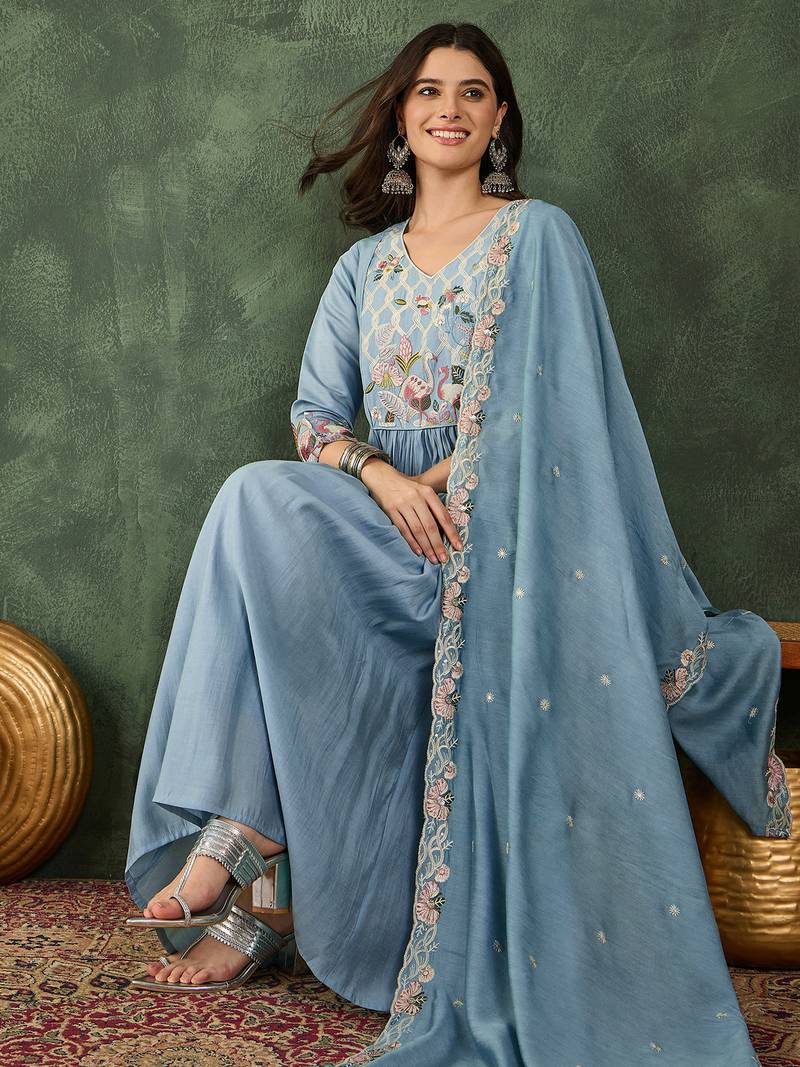 Women's Beautiful Embroidery Work Silk Fabric Flared Kurta Pant and Dupatta Set