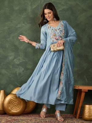 Women's Beautiful Embroidery Work Silk Fabric Flared Kurta Pant and Dupatta Set 5