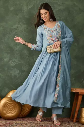 Women's Beautiful Embroidery Work Silk Fabric Flared Kurta Pant and Dupatta Set