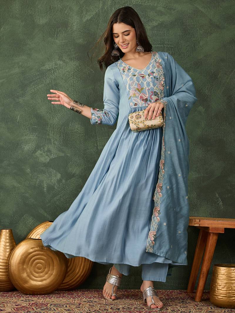 Women's Beautiful Embroidery Work Silk Fabric Flared Kurta Pant and Dupatta Set