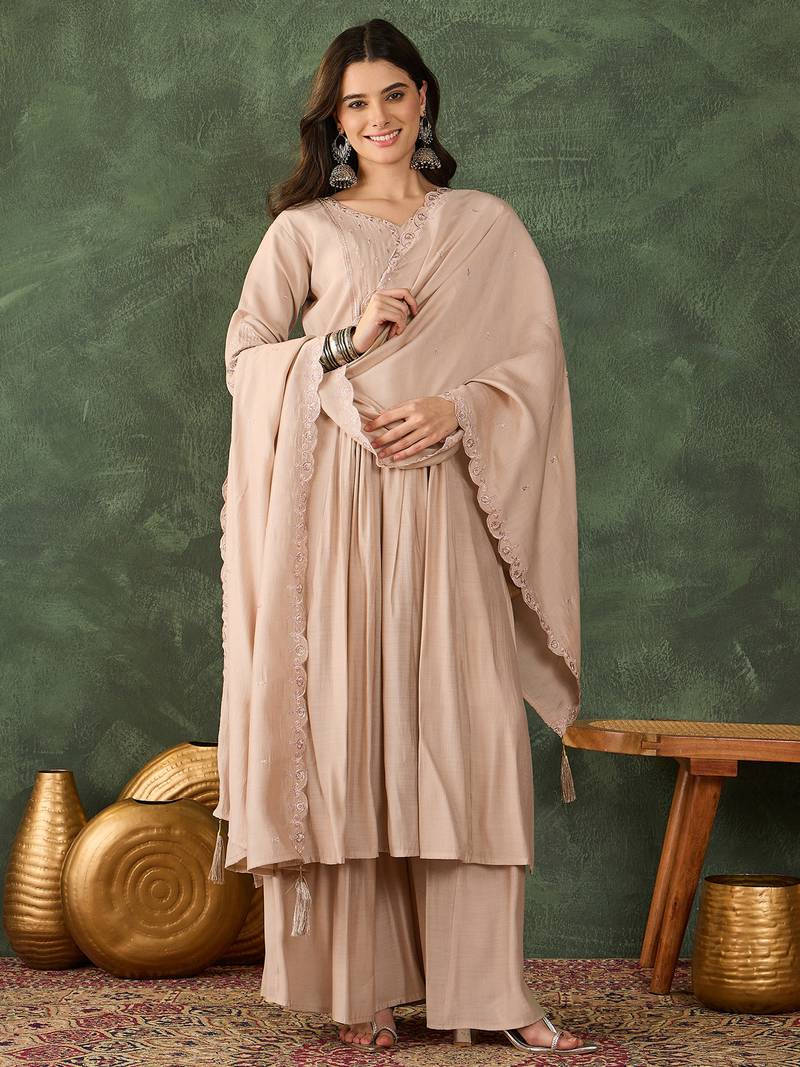 Women's Beautiful Embroidery Work Silk Fabric Straight Kurta Palazzo and Dupatta Set