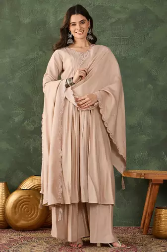 Women's Beautiful Embroidery Work Silk Fabric Straight Kurta Palazzo and Dupatta Set