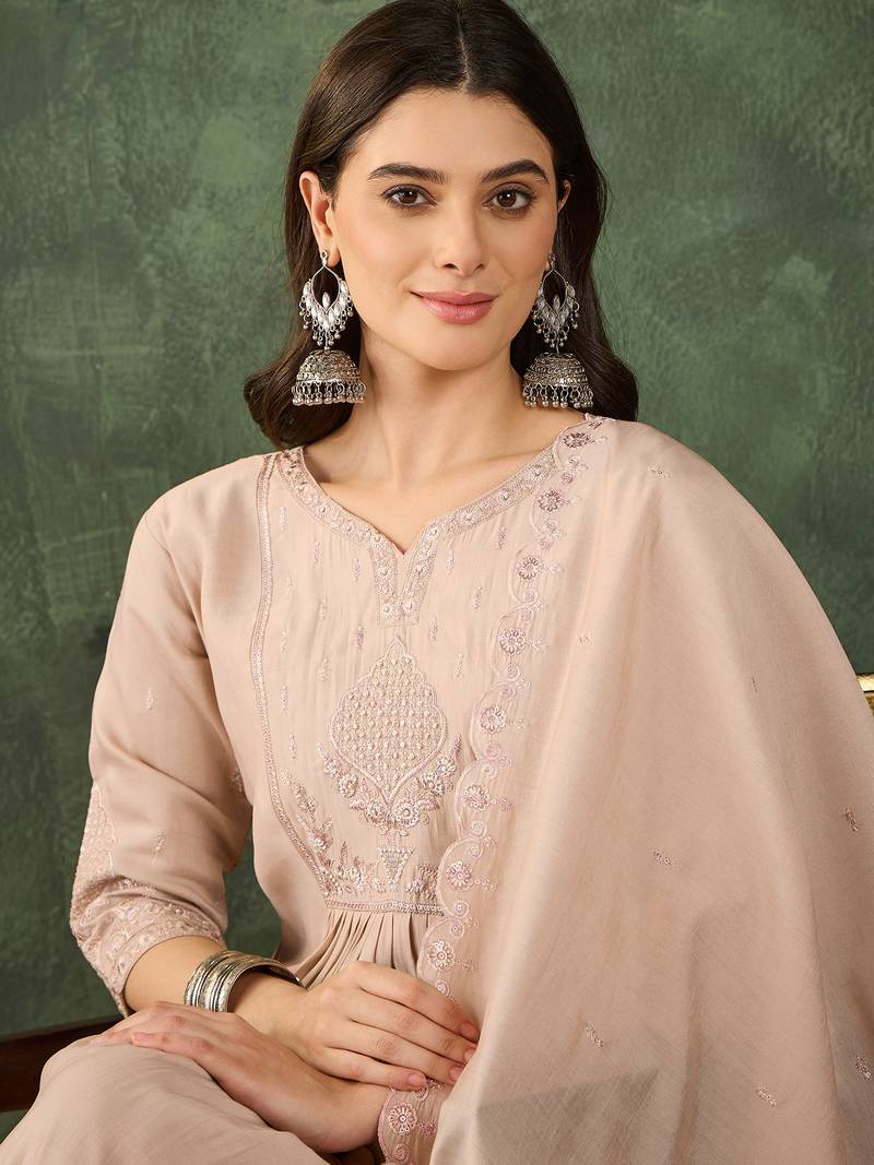 Women's Beautiful Embroidery Work Silk Fabric Straight Kurta Palazzo and Dupatta Set