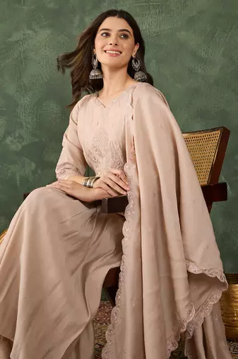 Women's Beautiful Embroidery Work Silk Fabric Straight Kurta Palazzo and Dupatta Set
