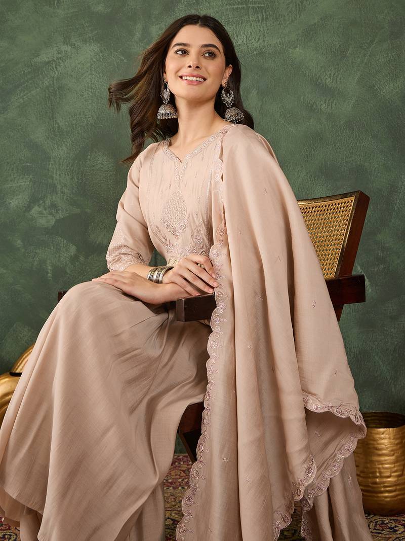 Women's Beautiful Embroidery Work Silk Fabric Straight Kurta Palazzo and Dupatta Set