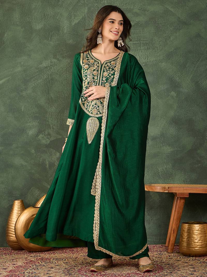 Women's Beautiful Embroidery Work Vichitra Silk Fabric Flared Kurta Pant and Dupatta Set