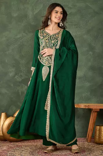 Women's Beautiful Embroidery Work Vichitra Silk Fabric Flared Kurta Pant and Dupatta Set