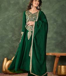Women's Beautiful Embroidery Work Vichitra Silk Fabric Flared Kurta Pant and Dupatta Set