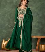 Women's Beautiful Embroidery Work Vichitra Silk Fabric Flared Kurta Pant and Dupatta Set