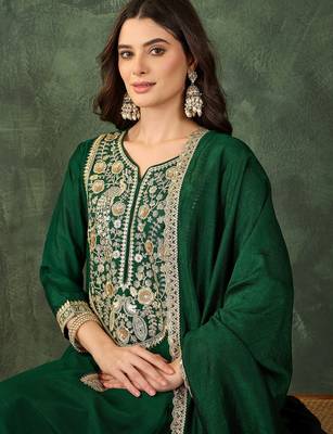 Women's Beautiful Embroidery Work Vichitra Silk Fabric Flared Kurta Pant and Dupatta Set 2