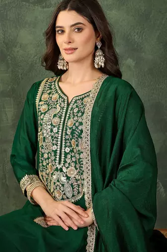 Women's Beautiful Embroidery Work Vichitra Silk Fabric Flared Kurta Pant and Dupatta Set