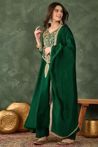 Women's Beautiful Embroidery Work Vichitra Silk Fabric Flared Kurta Pant and Dupatta Set