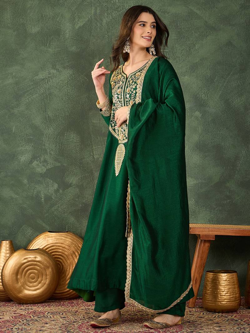 Women's Beautiful Embroidery Work Vichitra Silk Fabric Flared Kurta Pant and Dupatta Set
