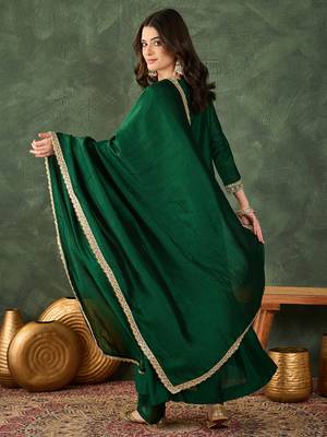 Women's Beautiful Embroidery Work Vichitra Silk Fabric Flared Kurta Pant and Dupatta Set 4