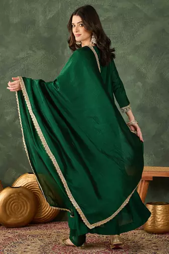 Women's Beautiful Embroidery Work Vichitra Silk Fabric Flared Kurta Pant and Dupatta Set