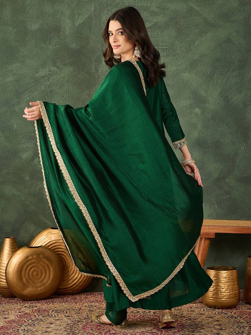 Women's Beautiful Embroidery Work Vichitra Silk Fabric Flared Kurta Pant and Dupatta Set