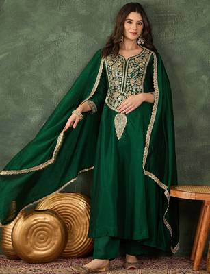 Women's Beautiful Embroidery Work Vichitra Silk Fabric Flared Kurta Pant and Dupatta Set 5
