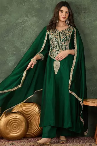 Women's Beautiful Embroidery Work Vichitra Silk Fabric Flared Kurta Pant and Dupatta Set