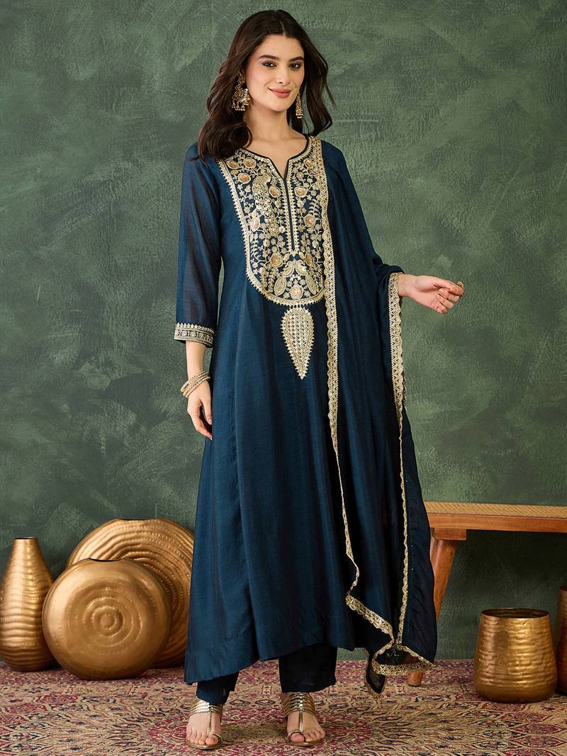 Women's Beautiful Embroidery Work Vichitra Silk Fabric Flared Kurta Pant and Dupatta Set