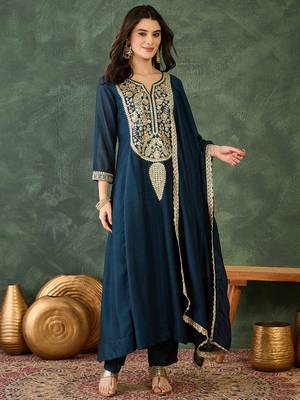 Women's Beautiful Embroidery Work Vichitra Silk Fabric Flared Kurta Pant and Dupatta Set 1